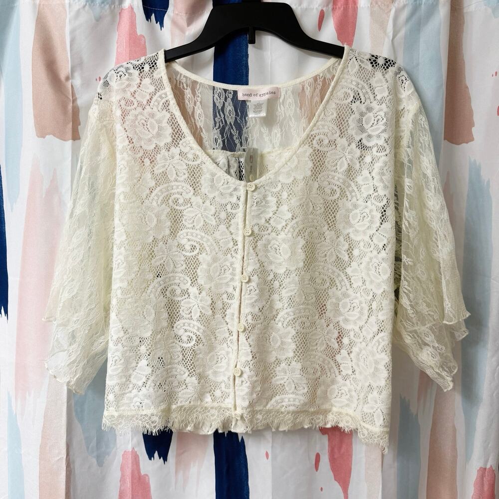 Band of Gypsies Ivory Floral Sheer Lace Button Front Blouse Cardigan Size Large